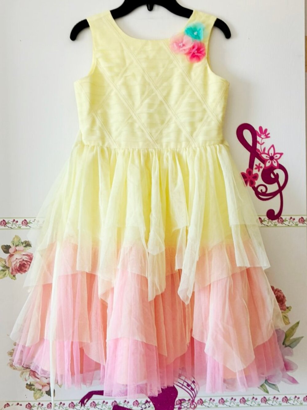Jona Michelle Yellow Pink Layered Girls Formal Special Occasion Easter Dress 10